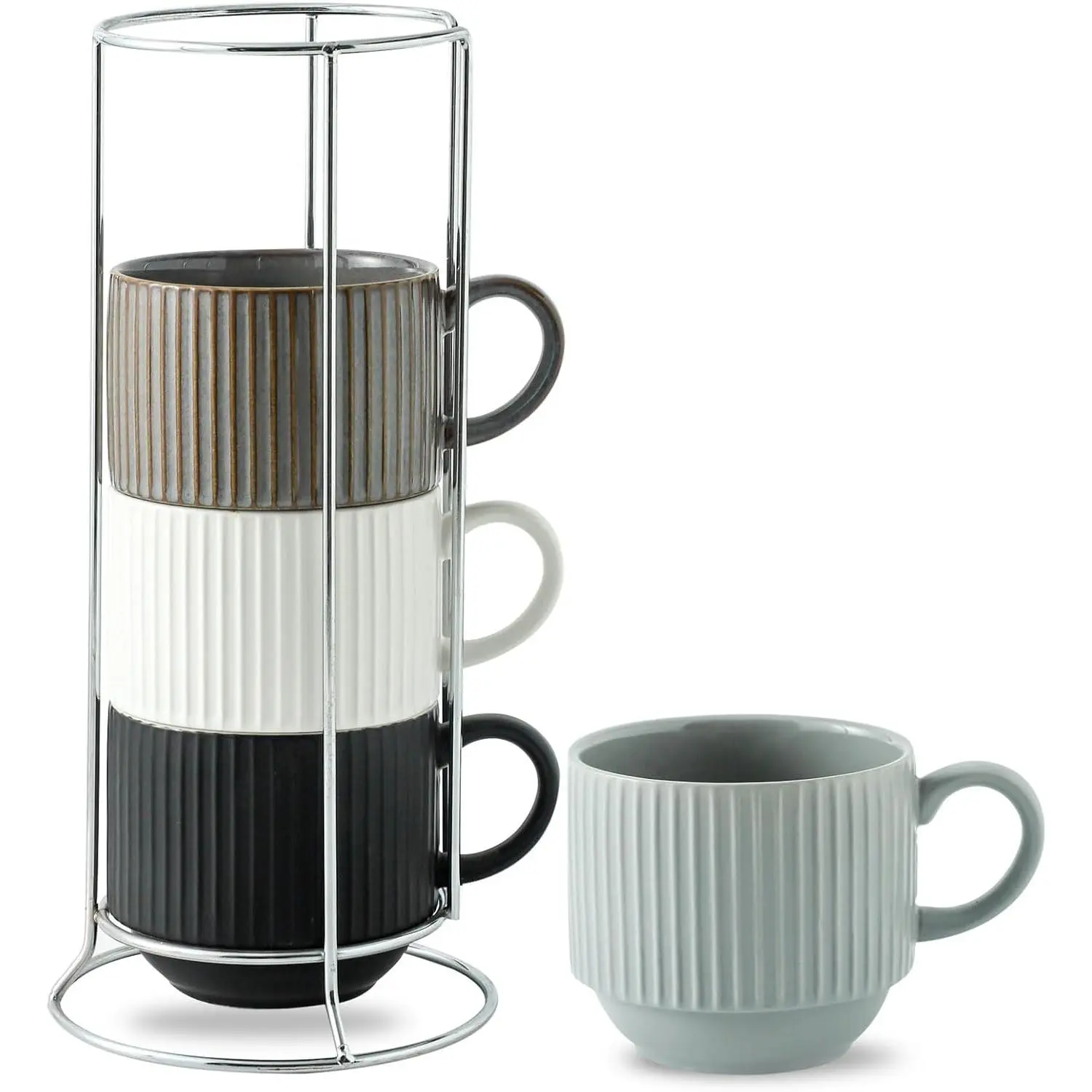 Large Coffee Mug Set of 4 with Rack - 15 oz Stacking Ceramic Ribbed Latte Cups Set for Cappuccino, Tea, Hot Cocoa, Drinks - Dishwasher & Microwave Safe Assorted Colors