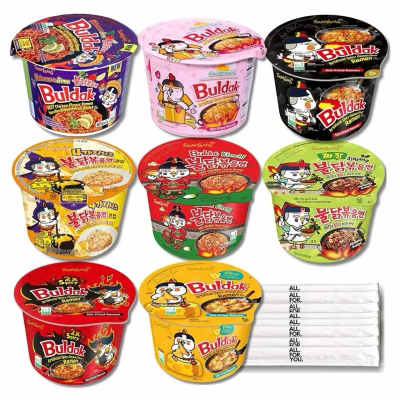 Samyang 6 Bowls Mystery Buldak Flavors - Includes Variety of Unspecified Flavors in Colorful Cups with Character Designs