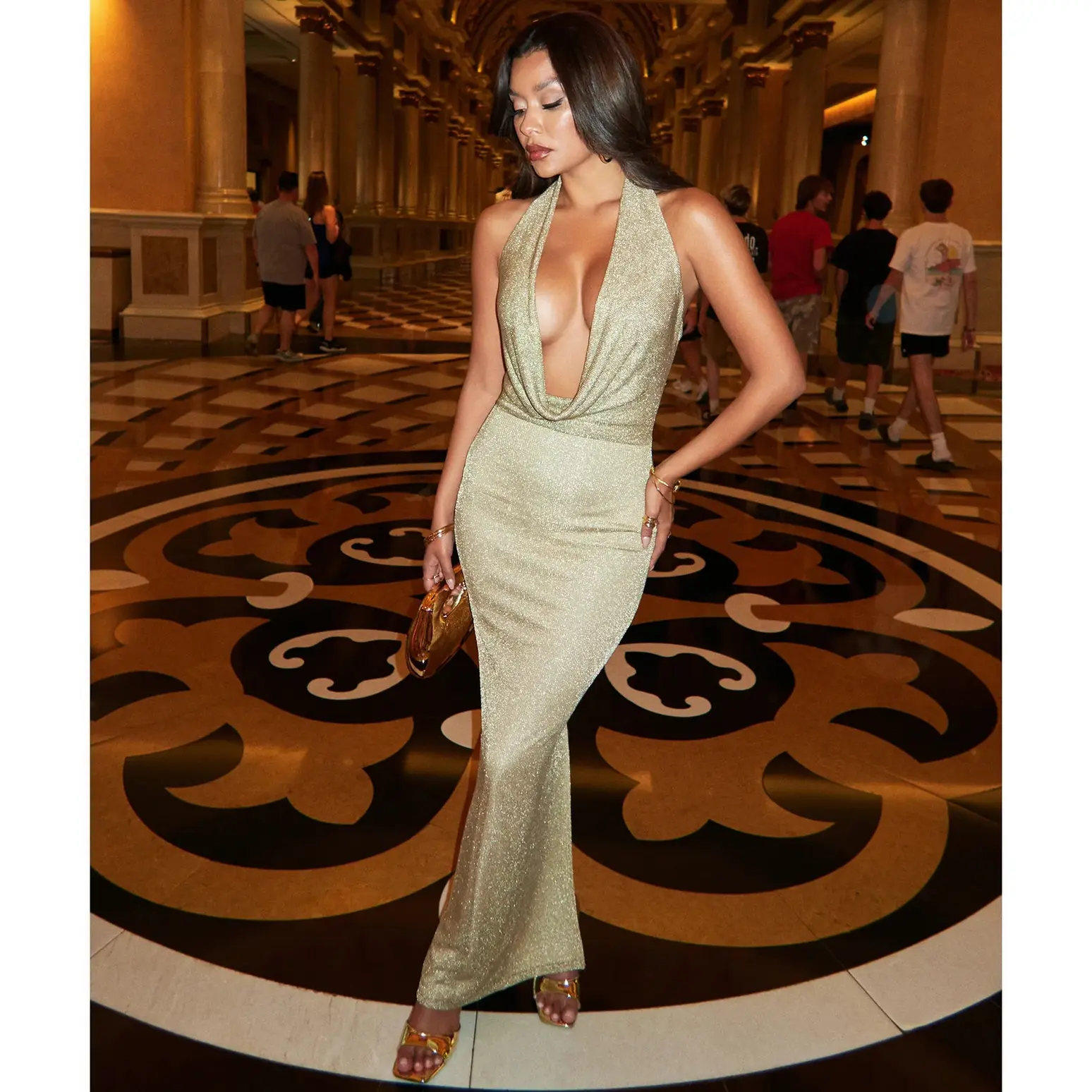 Glow Goddess Strappy Back Metallic Knit Maxi Dress Glow Goddess Strappy Back Metallic Knit Maxi Dress