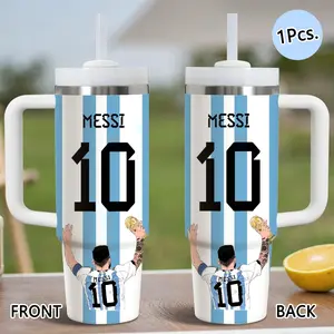 Football Messi Number 10 Vacuum Flasks 40oz Stainless Steel Tumbler with Handle & Straw, Vacuum Insulated Travel Mug Keeps Drinks Cold Up to 34 Hours, Leak-Resistant Cup for Iced Coffee, Water, Office, Gym or Travel
