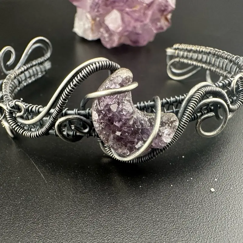 Dazzling Amethyst Druzy Crescent Moon Bracelet | Handmade Sterling Silver Wire Wrapped Crystal Jewelry