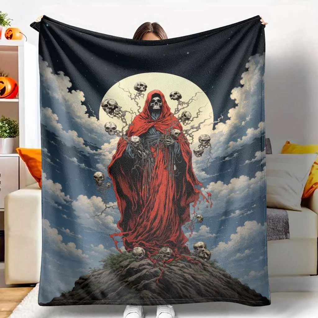 Dark Fantasy Flannel Blanket Red Cloaked Skeleton Moonlit Skull Print Ultra Soft Warm Lightweight Cozy Throw for Sofa Bed Dorm Halloween Party Gothic Decor Gift