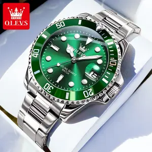OLEVS Men's Casual Business Waterproof Quartz Watch Green Face Silver Band Party Fashion Daily Wear Trendy Birthday Gift Round Dial Calendar Luminous Watch For Men 5885
