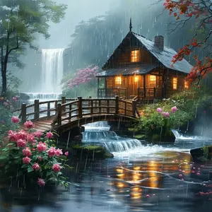 1pc DIY Mountain Cabin Pattern Diamond Painting Kit, Full Round Diamond Mosaic Art for Beginners, Home Wall Decor Gift for Birthdays and Holidays