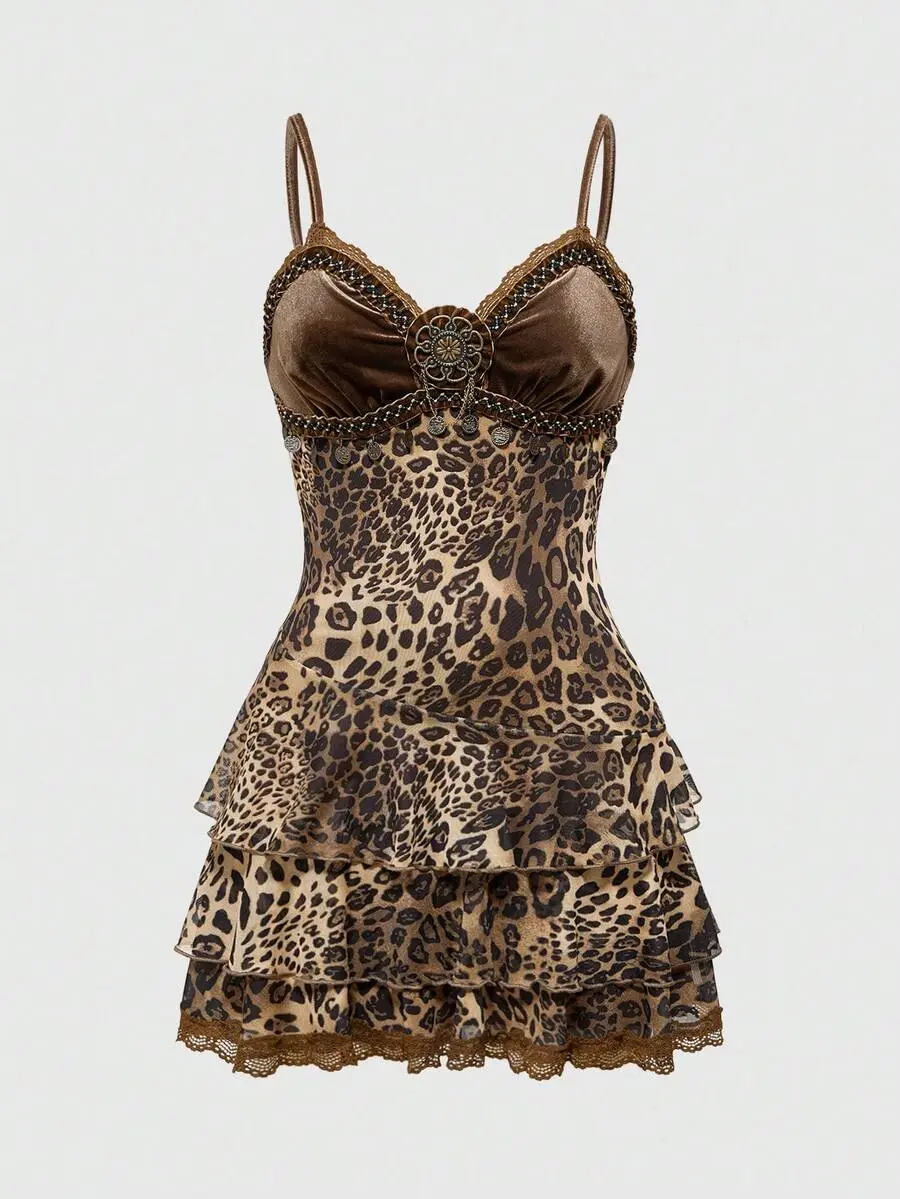 MURACHIC Spring/Summer Vintage Western Cowboy Hippie Velvet Patchwork Leopard Print Asymmetrical Hem Slip Dress