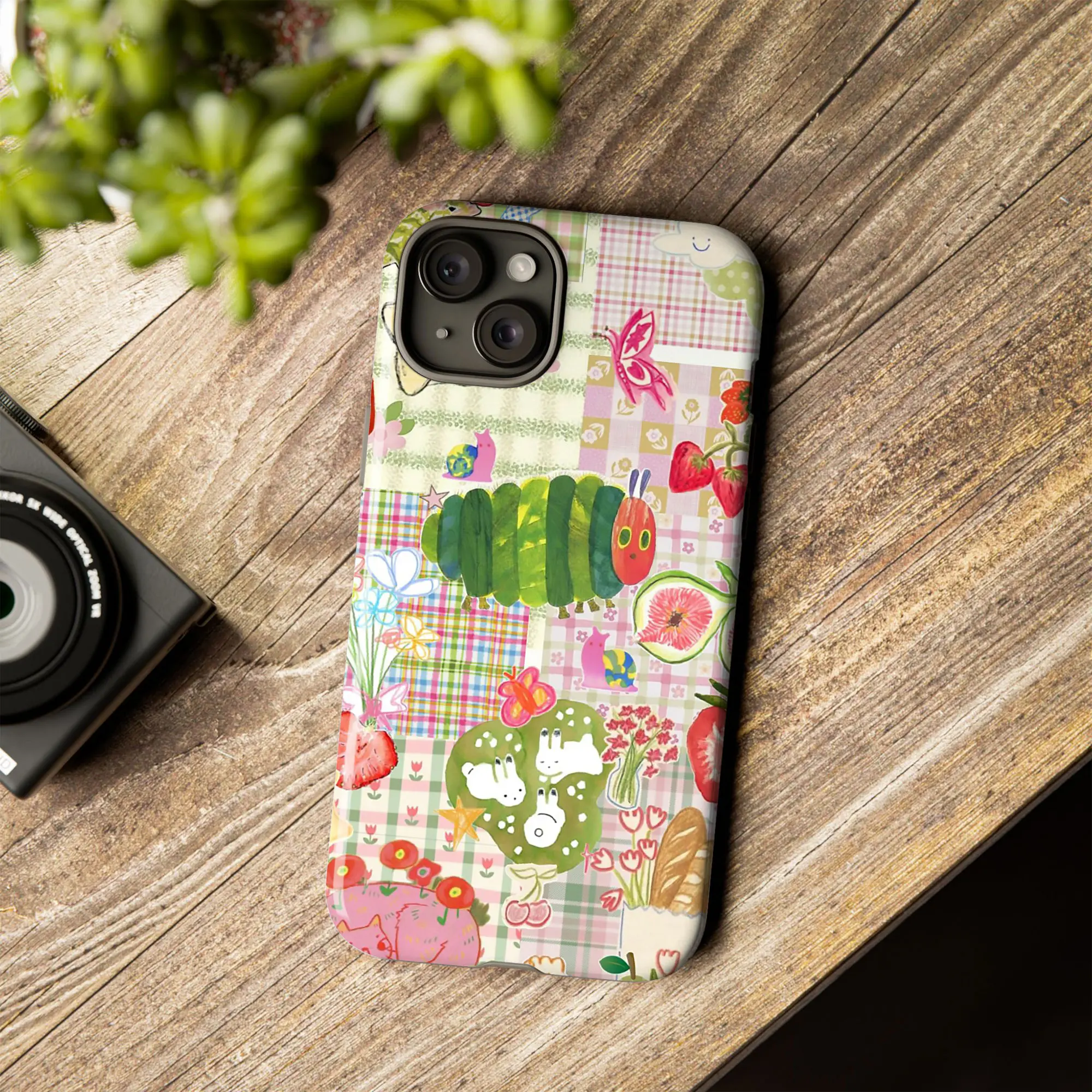 Cute Caterpillar and Fruit Collage Phone Case  Pastel Plaid Background  with Strawberries, Flowers, Bread, and Whimsical