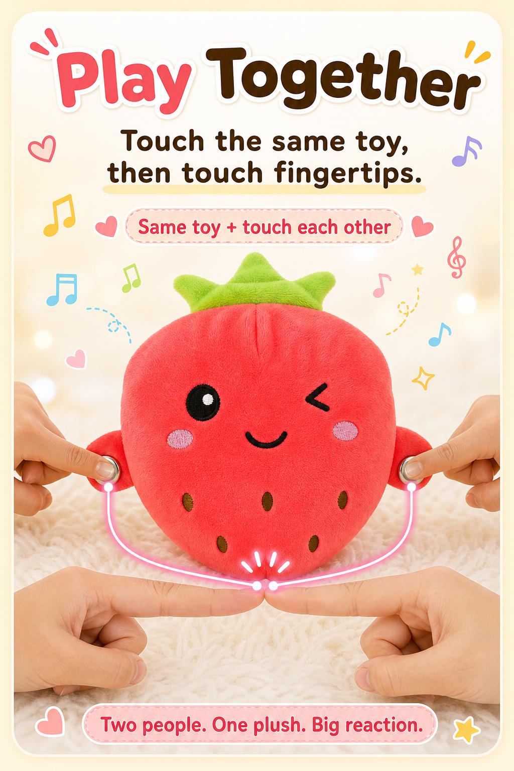 Soft Plush Interactive Musical Fruit Shapes Stuffed Toy (Banana/Strawberry) for Ages 3+, Tactile Play, Touch Sensors, 15 Built-In Songs, 2-Player Mode Parent-Child Interaction, Free Rechargeable AA Starter Kit (Batteries+Mini Screwdriver), 22x9.5x20cm, Tw
