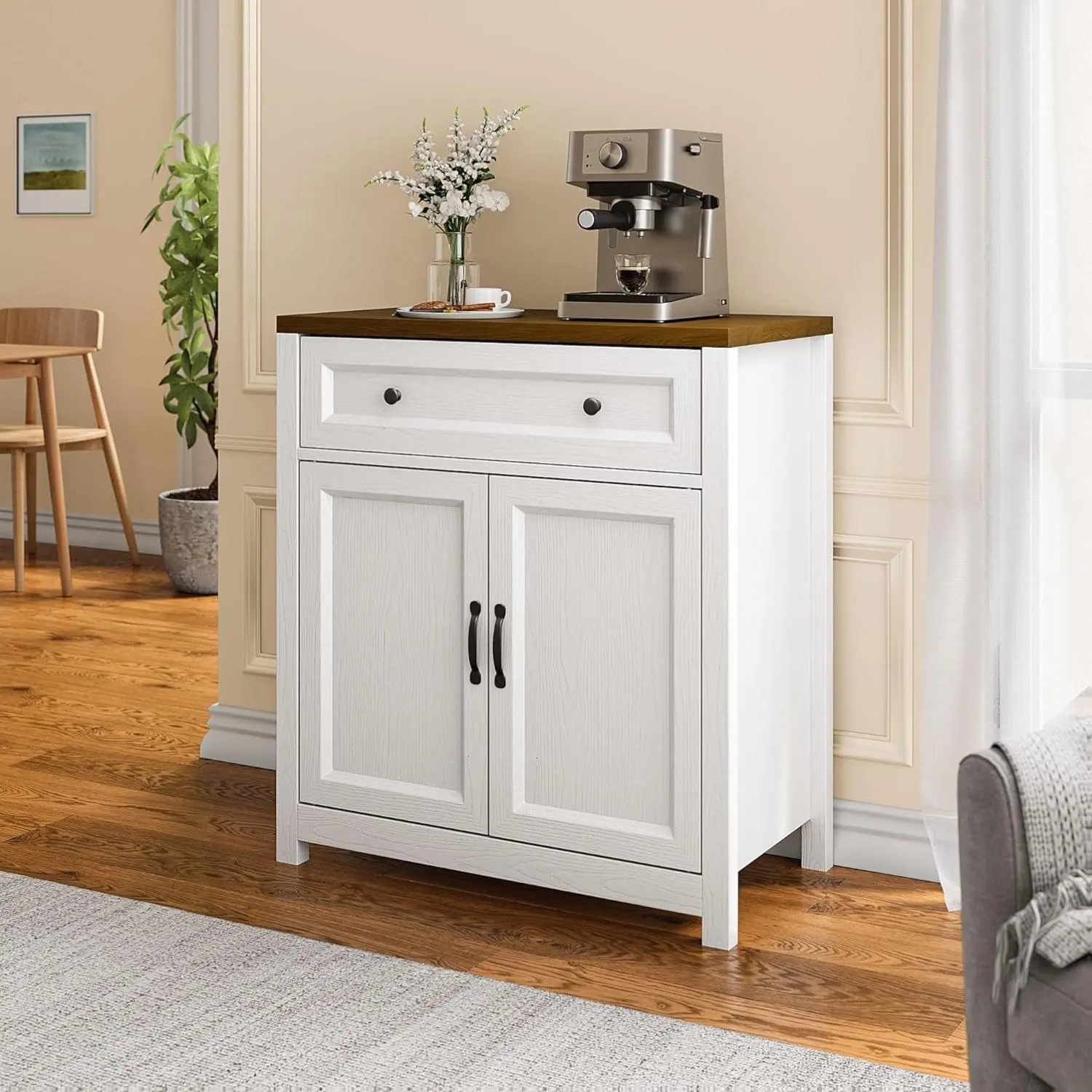 GIZOON Multi-Functional Farmhouse Barn Style Sideboard - Coffee Bar Station with Adjustable Multi-Compartment Shelf, Large Drawer, 30"W x15.6"D x33.3"H Freestanding Cupboard for Kitchen, Bathroom Storage