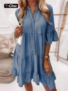 women's denim-effect print ruffle trim v neck dress, casual short sleeve dress for summer, lady fashion dress, women's clothes for daily wear, womenswear