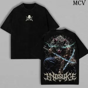 Demon Slayer Mens T-shirt, Inosuke Hashibira Shirt Tanjiro Kamado Tee Printed Kaos Short Sleeve Shirt Casual, Vintage Washed Tee Unisex Oversize Anime Manga Washed Heavyweight Cotton T-shirt N01
