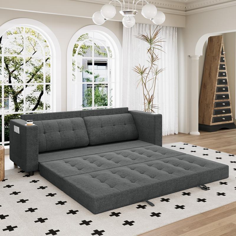 Queen Size 83” Pull-Out Futon Sofa Bed, Thick Upholstered Sleeper Loveseat, Convertible Floor Couch – Dark Grey | HYZQ