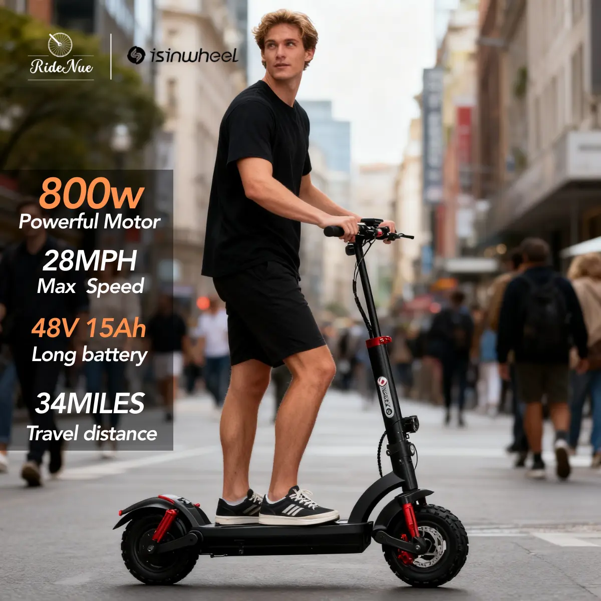 Isinwheel GT2 Multifunctional Off-Road Electric Scooter (Foldable Ebike Alternative) - 800W Motor, 48V 15Ah Battery, 34mi Range, 28 MPH Top Speed, 11 Inch Tires, Foldable Aluminum Frame, UL 2272 Certified, Suitable for Ages 6+, 34 Miles Range