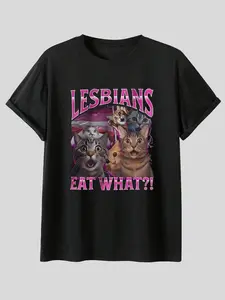 Vintage Rock Style Cat Print T-Shirt, Fun Slogan Short Sleeve, American Retro Distressed Look, Casual Fashion for Women