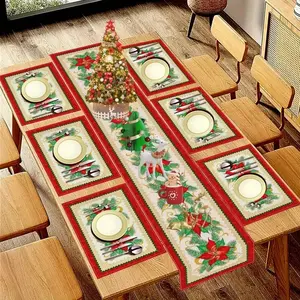 Christmas Table Runner Set, 5-Piece/7-Piece Washable Kitchen Mats, Holiday Party & Home Dining Decor, Festive Linen Napkins for Tables