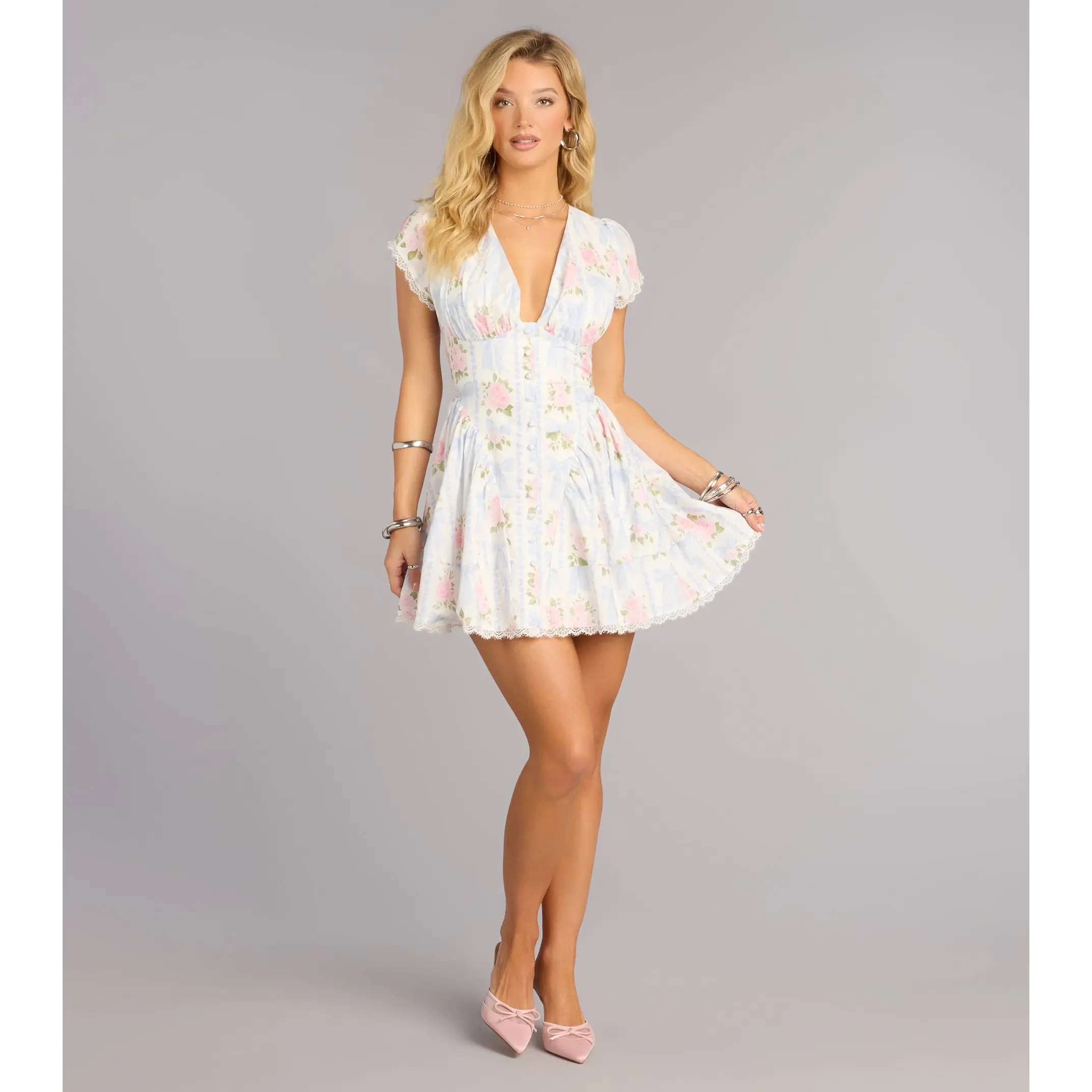 Charming Babe Bow And Floral Print Skater Dress - TikTok Shop