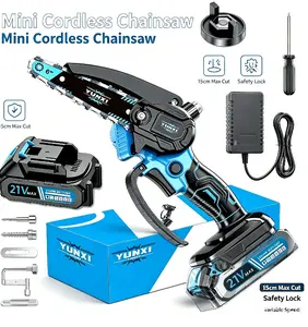 Yunxi 6-Inch Mini Cordless Chainsaw, 21V Max Rechargeable Lithium Battery Handheld Electric Saw with Safety Lock, Portable Lightweight 1-Hand Tool for Garden Yd Wood Cutting, Tree Branch Trimming