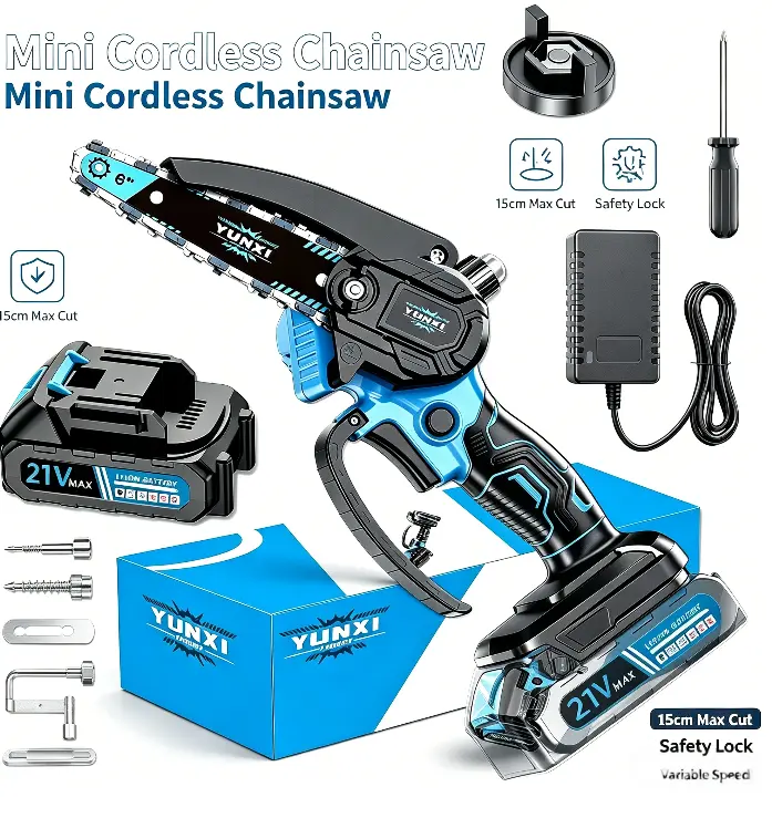 Yunxi 6-Inch Mini Cordless Chainsaw, 21V Max Rechargeable Lithium Battery Handheld Electric Saw with Safety Lock, Portable Lightweight 1-Hand Tool for Garden Yd Wood Cutting, Tree Branch Trimming