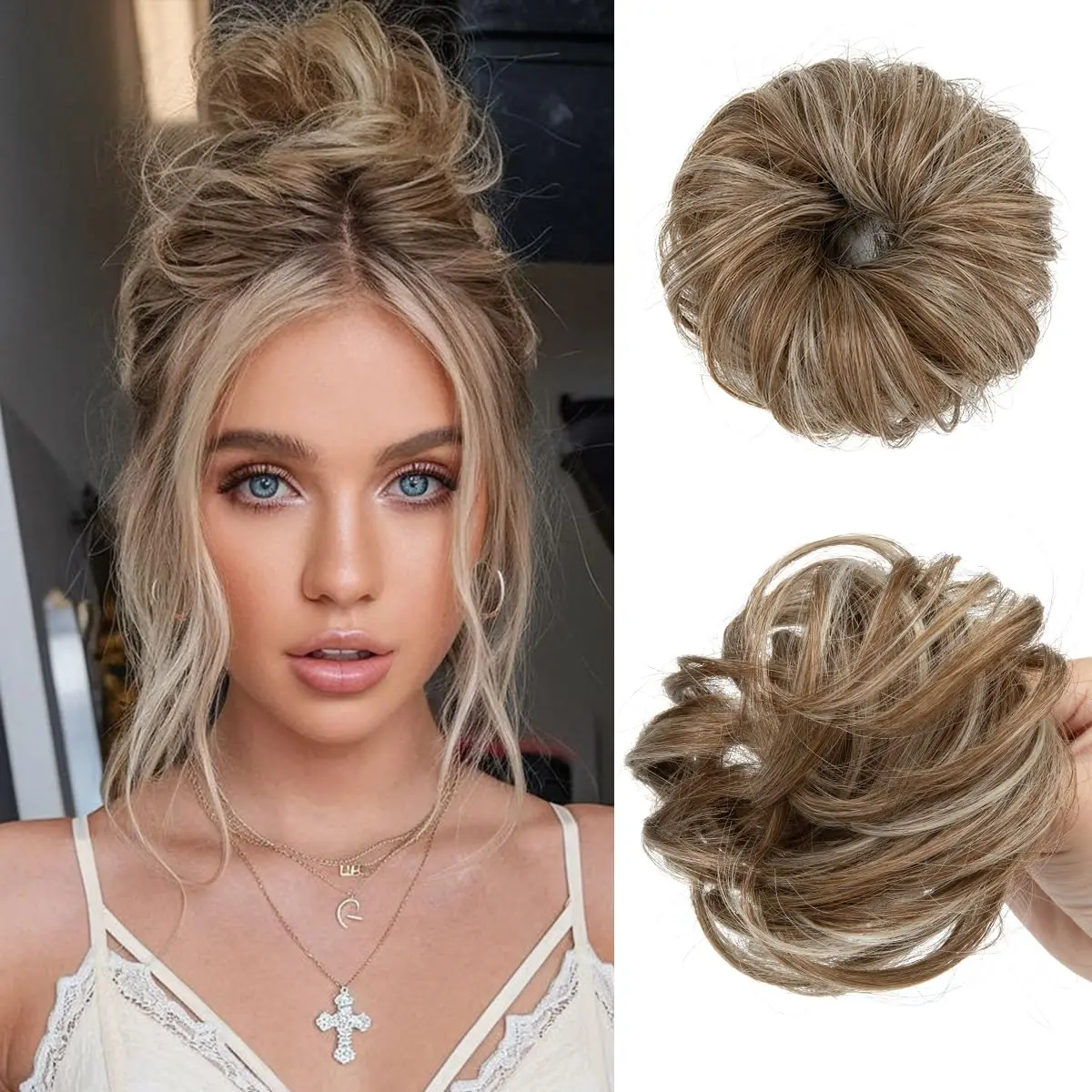 GEEOE HAIR 2PCs Small Cute Messy Bun Hair Piece for Thin Hair Women Mini Synthetic Curly Bun Scrunchies Updo Hairpieces Dirty Blonde