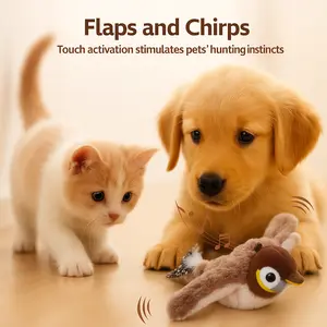 PetFusion Flapping Bird Cat Toy Lifelike Bird Chirp Plush Interactive Pet Toy Touch Activated Kitten Toy Rechargeable USB Cable Included