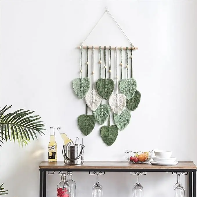 Hand Woven Bohemian Cotton Yarn Tapestry - Sage Green Leaves, Sturdy Wood Accent, Rustic Tassels, Art Wall Decoration for Bedroom, Anniversary Home Decor Hanging Ornament