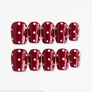 10Pcs Handmade Press On Nails, Short Square Red Nails,Polka Dots Nails, Glossy Fake Nails, Classic Nail Art For Women And Girls,Spring and Summer Nails,Clean nails