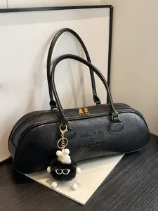 Retro texture double zipper cylindrical bag, exquisitely simple handbag with embossed letters, decorated with cute plush pendants, can accommodate mobile phones, lipstick, suitable for commuting to and from work, Elegant Commuter Bag