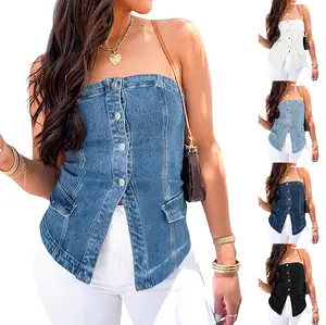 Fessceruna Womens Strapless Denim Vest Summer Button Down Jean Tube Tops Y2k Going Out Fitted Bandeau Shirts Waistcoat