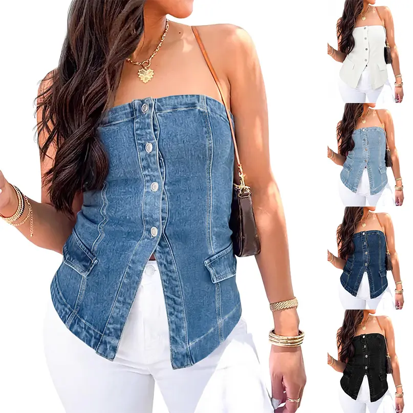 Fessceruna Womens Strapless Denim Vest Summer Button Down Jean Tube Tops Y2k Going Out Fitted Bandeau Shirts Waistcoat
