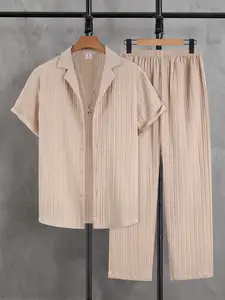 Men's Textured Suit Set, Luxurious Casual Style, Texture Fabric, Western Collar Shirt, Elastic Waist Pants, Summer Social/everyday Wear