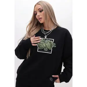 Greenish Y2K-Inspired Black Oversized Sweatshirt with Sequin Flower Design, Long Sleeve Pullover, for Women, Streetwear style, Autumn and Winter Collection, TCH-B