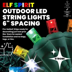 Elf Spirit Multicolor Motion Effect with Red, Orange, Yellow Green, Blue and Cool White Strobe Waterproof Christmas Lights, 5mm LED Commercial Indoor/Outdoor Mini Lights Set with 50 LEDs Spaced at Six Inches Apart