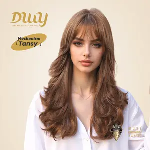 Tansy-DWY Machine Made Long Wavy Hairstyle with Blunt Bangs Rich Caramel Brown Glueless Synthetic Wig for Women 22 Inches