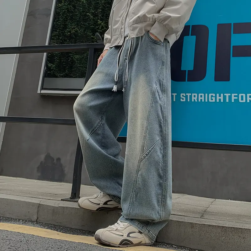 Men's Autumn Winter New Vintage Washed Jeans American High Street Wide Leg Style Distressed Straight Loose Fit Trendy Avant-Garde Design Casual Fashion vaquero outfits men baggy jeans men baggy pants bootcutjeansmen Beige Stylish