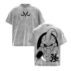 Men's Short-Sleeve Casual Cloth T-Shirt - Iconic DBZ Majin Buu Vintage Washed Graphic Tee, Premium Heavyweight Cotton-Polyester Streetwear Top, Perfect Gift for Anime Fans,summervibes