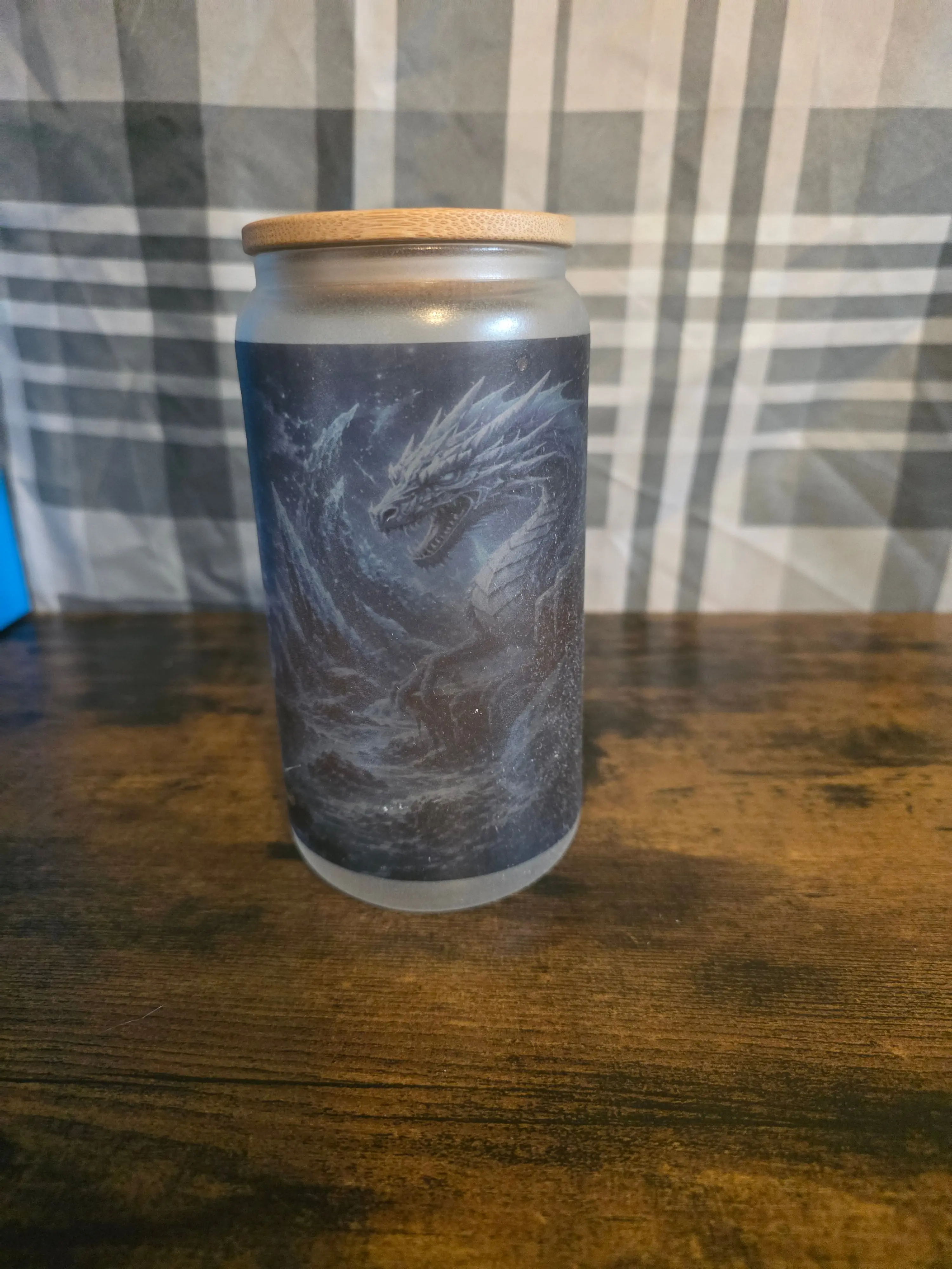 Glow in the Dark Blue Dragon 16 oz Frosted Glass Cup with Bamboo Lid