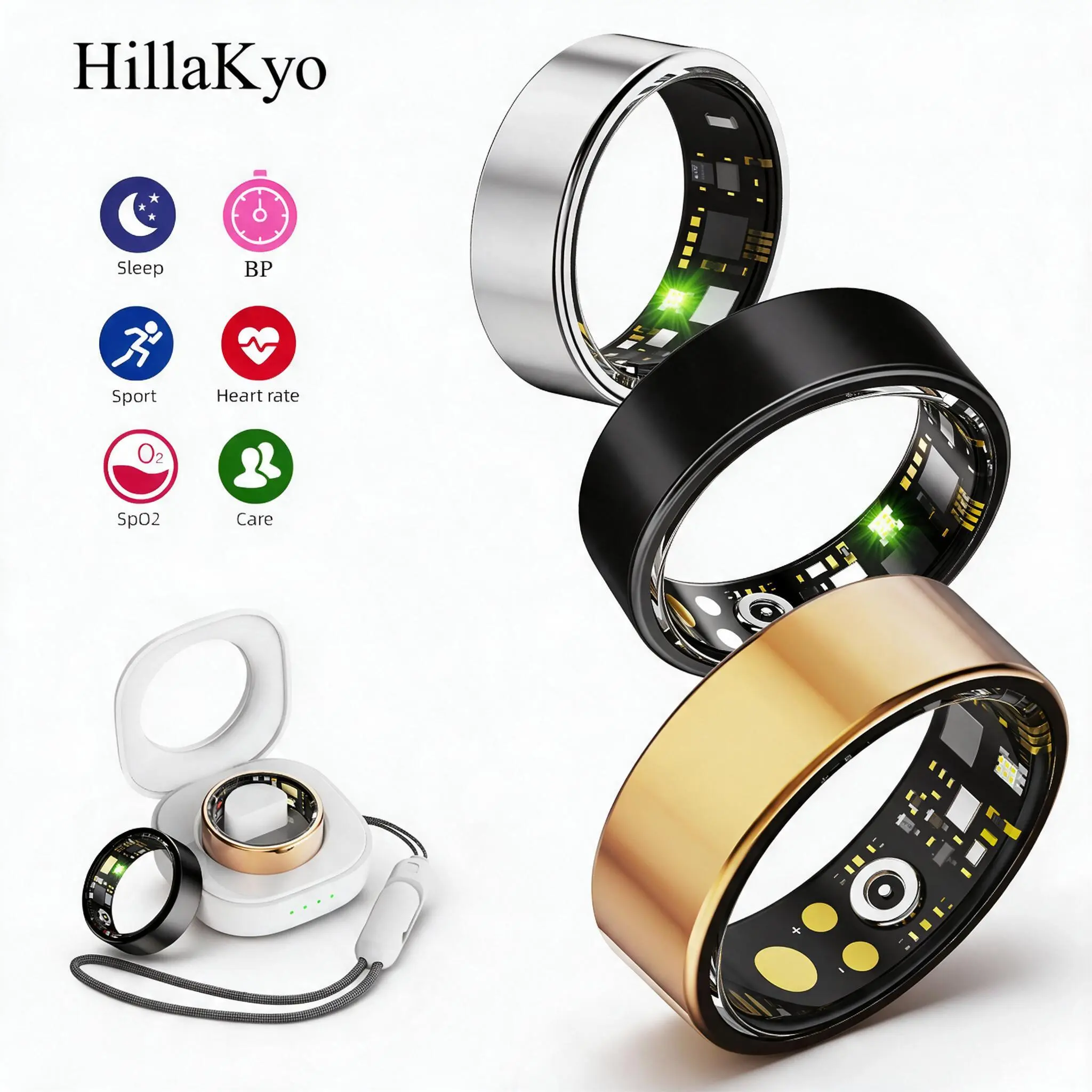 Hillakyo 2026 Smart Ring with Charging Case (Sizes 7-13) – Wearabledevices, 8-sport Tracking, IP68/5ATM Swim Ready, 24/7 Health Data, Fitness Wellness Tracker for Adults, Bluetooth Sync, iOS/Android Compatible, No Monthly Fee, Health Gift