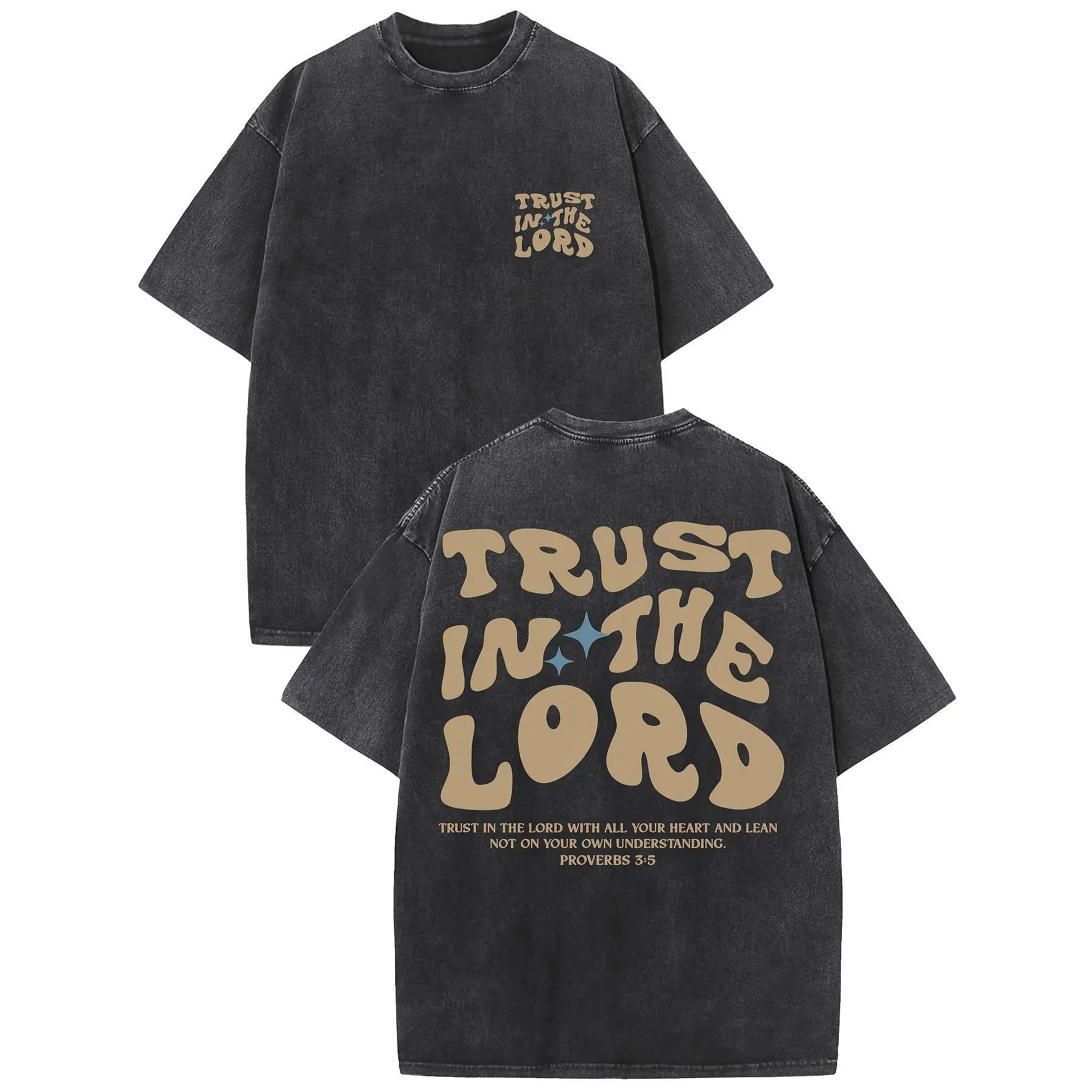 Double-Sided Print Proverbs 3:5 "Trust In The Lord" Washed Black T-Shirt - Religious Cotton Top.Vintage Washed "Trust In The Lord" Retro Bubble Font Christian Graphic Tee - Faith Streetwear