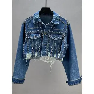 2024 Spring Summer New In Women's Denim Jacket Heavy Industry Rivet Studded Worn Nail Bead Jean Jacket Top
