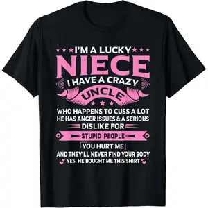 Men's 100% Cotton Oversized Lightweight Short Sleeve Round Neck Top - "I'm A Lucky Niece I Have a Crazy Uncle" Funny Graphic, Heather Navy, Demon Slayer Merch, Valentine Gift Casual Crewneck Tshirt