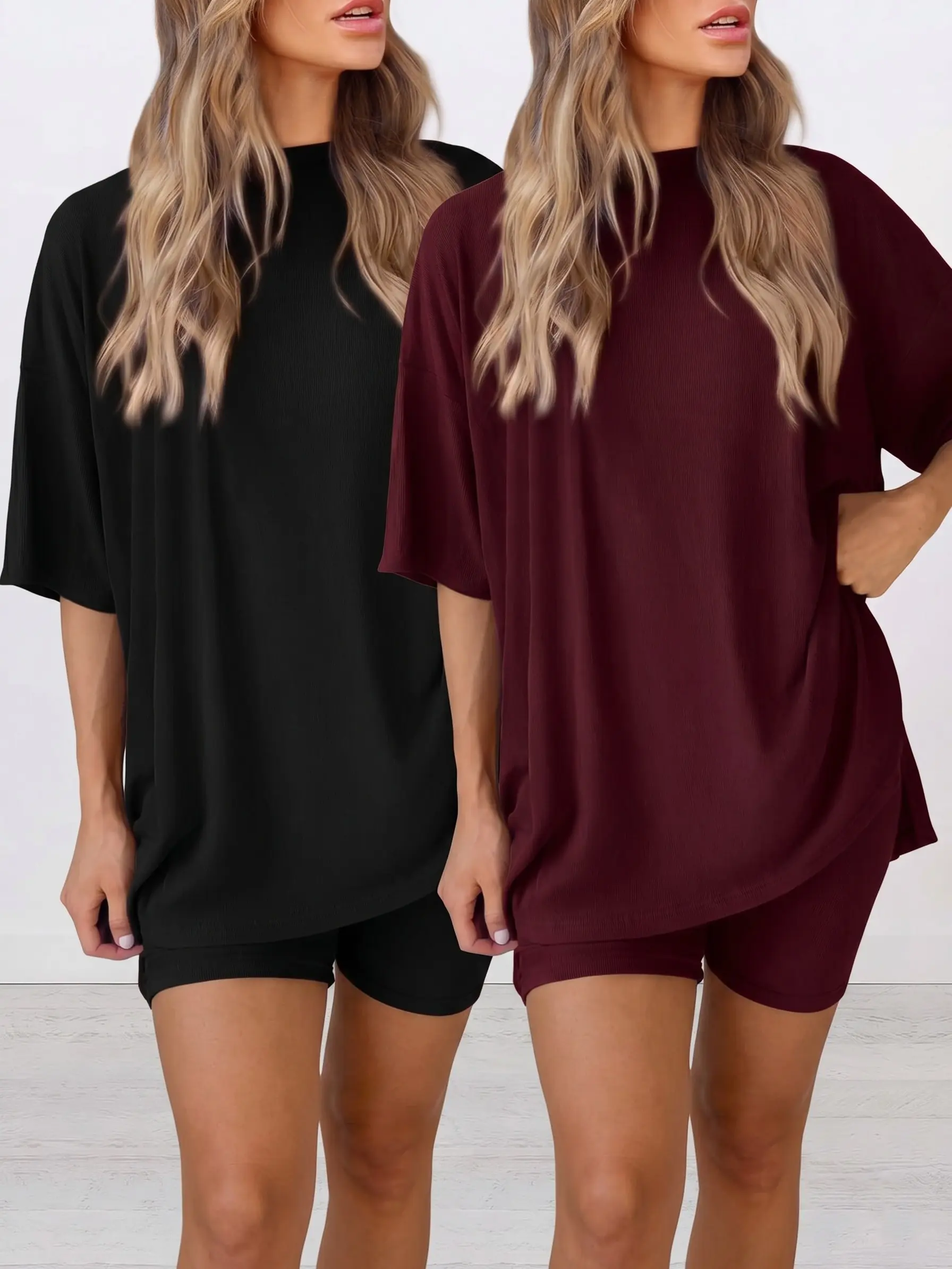 S-4XL Womens Loungewear Sets (1/2 Set) Oversized T-Shirts & Fitted Shorts Matching Outfits Casual Summer Clothes Short Sleeve Round Neck Tops Workout Activewear Sleepwear