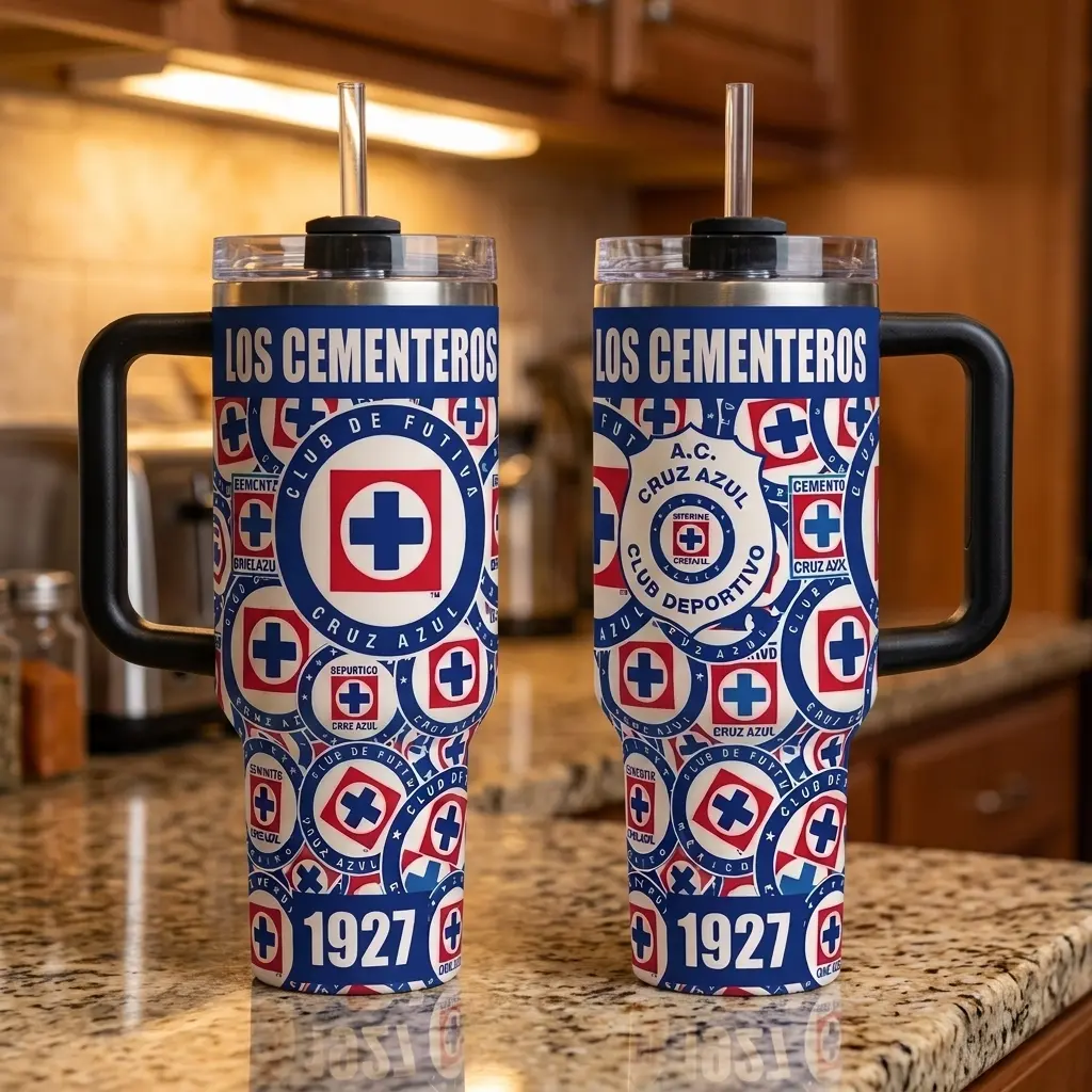 Los Cementeros Cruz Azul 40oz Insulated Tumbler with Handle - Mexican Soccer Stainless Steel Travel Mug with Straw & Lid