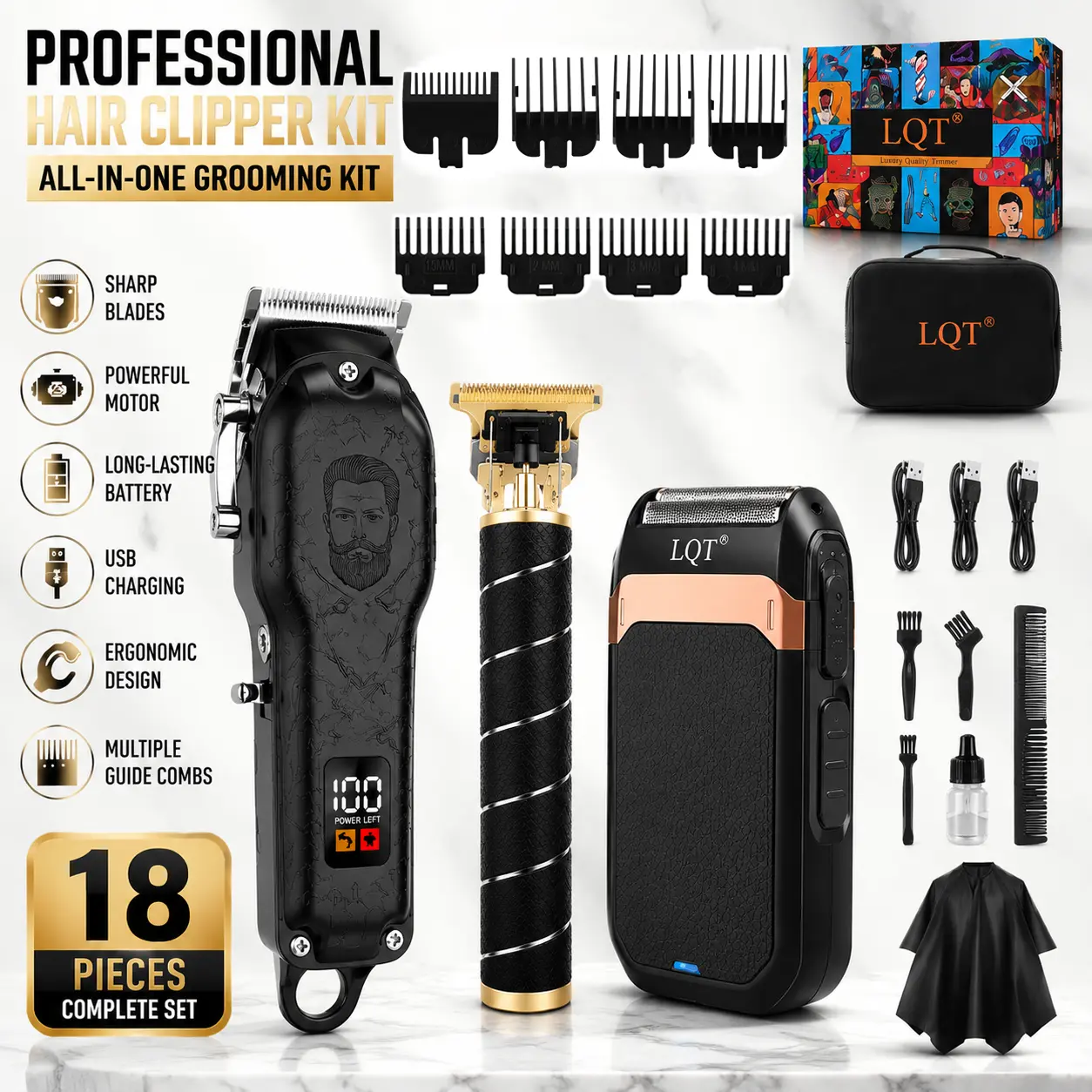 3-in-1 Professional Hair Clipper Kit for Men, Cordless Barber Grooming Set with Hair Clipper, T-Blade Trimmer & Foil Shaver, Complete Grooming Tools for Hair, Beard & Face Styling   lcd display  practical gift