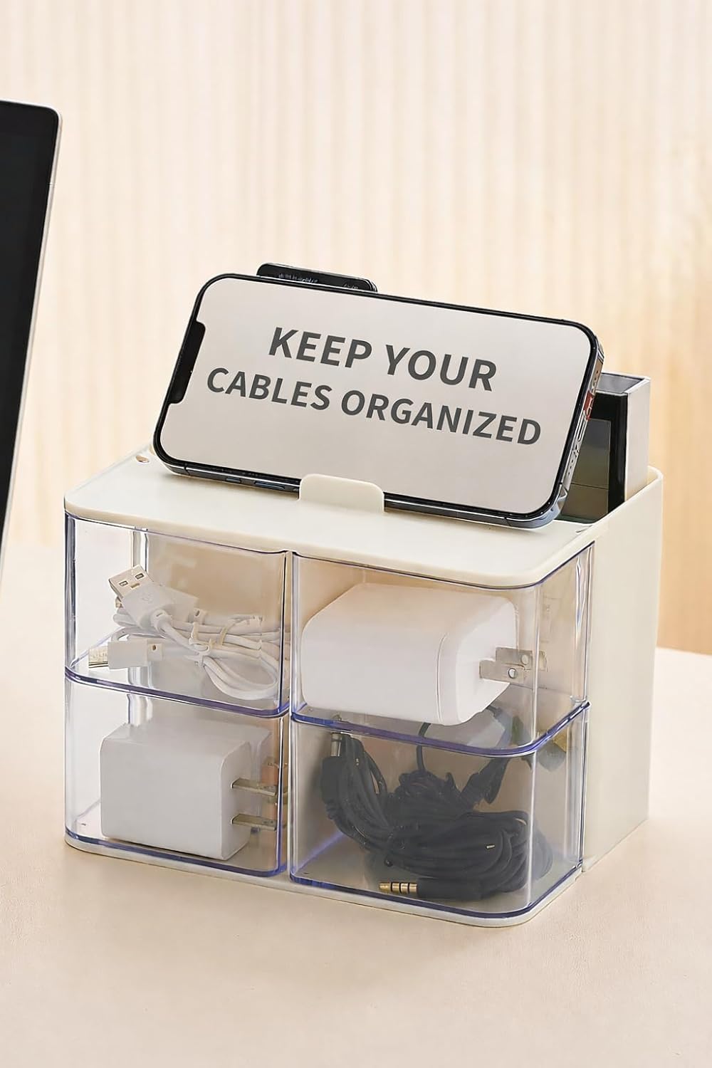 Hair Accessories Organizer with Hair Brush Holder, 4 Drawer Rotatable Hair Tie Organizer for Makeup Brushes, Hair Clips, Earrings, Necklaces, Bracelets and Hair Accessories, White, 2-Layer