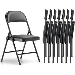 Folding Chairs 8 Pack, PU Leather Padded Folding Chairs for Outside and Indoor, Heavy Duty Portable Foldable Metal Commercial Seat for Home Office, Dorm, Party, Backyard, Lawn, Patio, Black