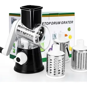 Cheese Grater Hand Crank Cheese Shredder with 3 Stainless Blades, Grater, for Fresh Cheese, Vegetable, Nuts,Non-slip Suction Base, Black