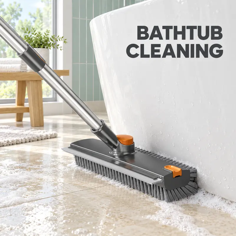 3-in-1 Long Handle Bathroom Floor Scrubber Broom - 17.7 to 54 Inch, 360° Rotating Brush (Rotates 360°), Stiff 3-Sided Bristles, Built-In Water Squeegee & Hair Clip for Bathtub, Swimming Pool, Tile Grout