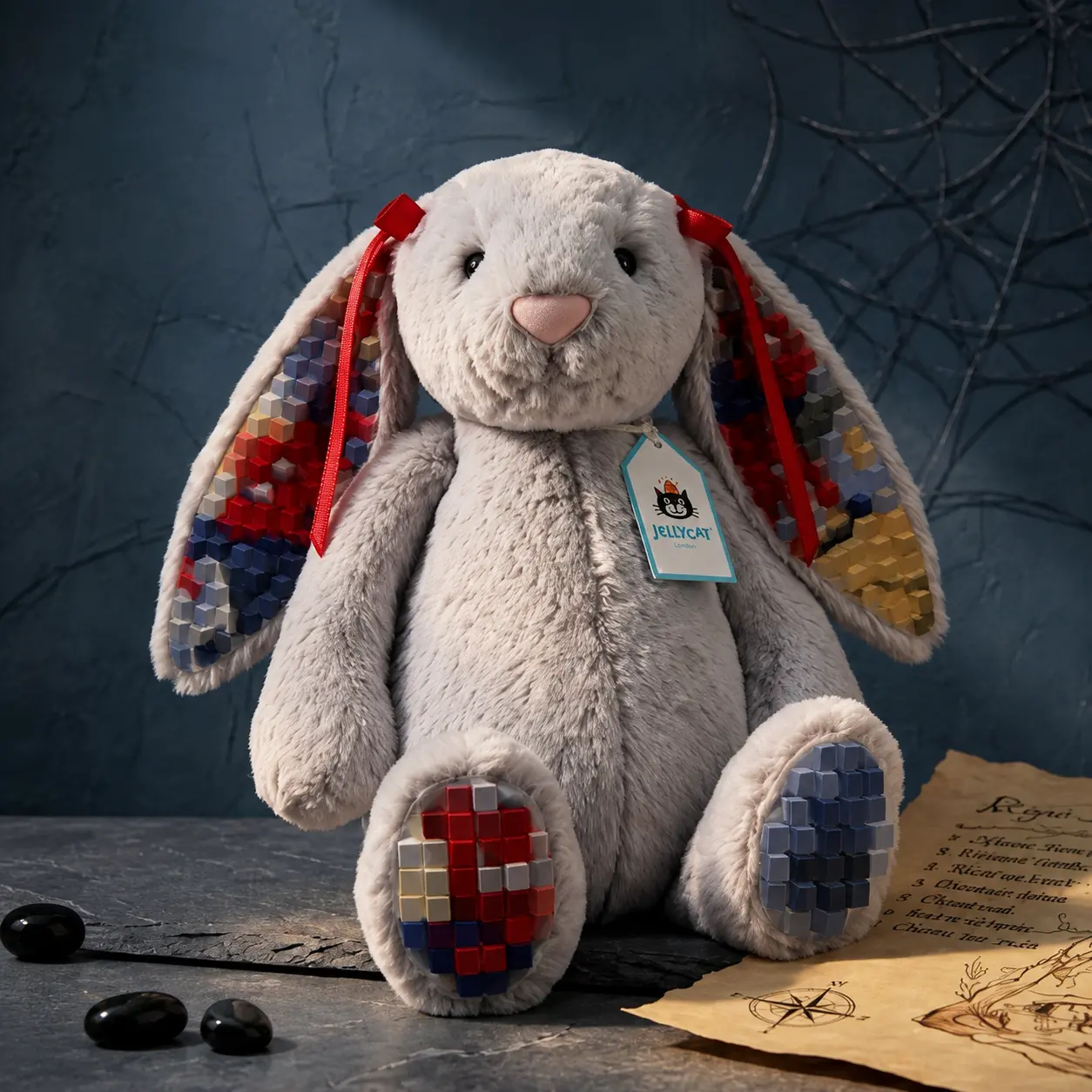 Custom Jellycat Bunny Stuffed Animal, Soft Gray Rabbit Plush with Spider Print Ears & Paws, Cute Collector Gift