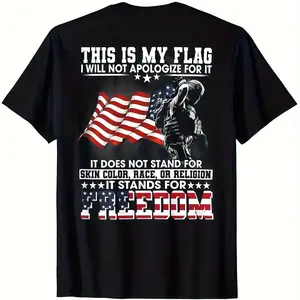 Vintage Patriotic American Flag and Soldier Print T-Shirt Unisex Casual Tee Featuring Bold Stand for Freedom Slogan Regular Fit Short Sleeve Shirt for Men and Women Perfect Gift for Patriotic Enthusiasts