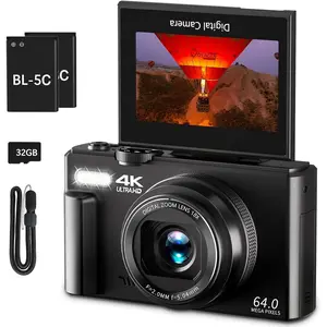 4K Digital Camera for Photography, 64MP Vlogging Camera for YouTube with 3" 180° Flip Screen, 18X Digital Zoom Point and Shoot Camara with 32GB Micro SD Card for Beginner (Black)