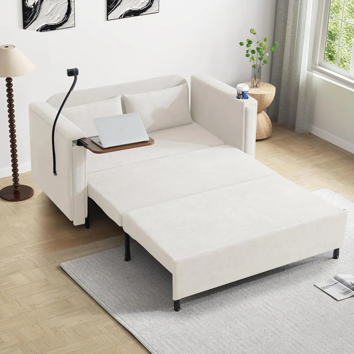 Giratree 3-in-1 Convertible Sleeper Sofa Couch with Pullout Bed, Loveseat Sleeper Sofa Bed with Hidden Side Table, 56" Full Size Folding Futon Couch for Living Room Guest Room Apartment Home Office